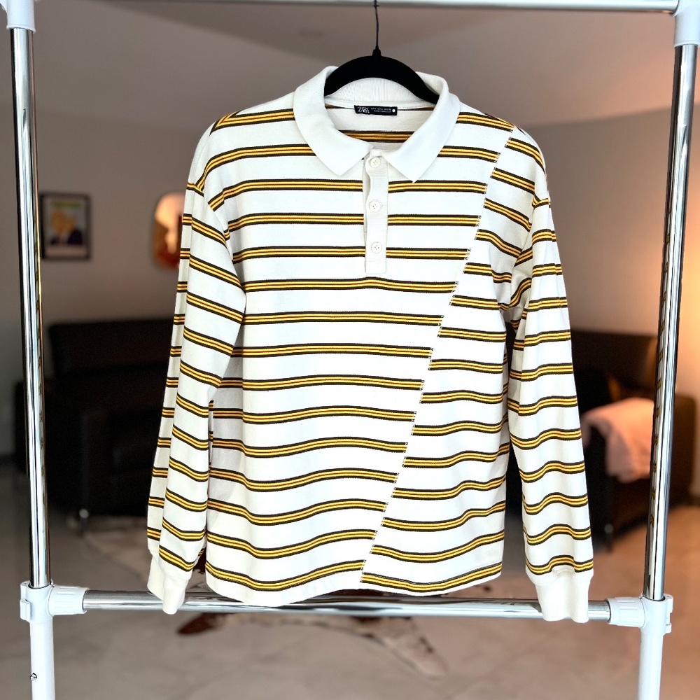 Zara loose-fit long sleeve stripped polo shirt in cotton jersey Sz S